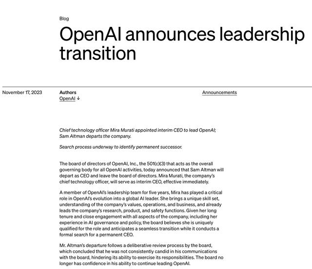 OpenAI CEO萨姆·奥特曼（Sam Altman）离开！全球重量级的AI（人工智能）创业公司突发人事地震。