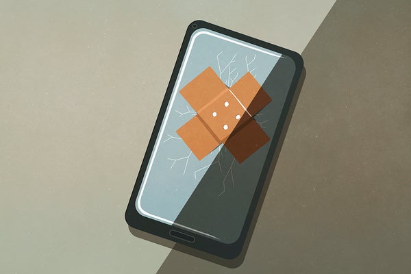 在破裂的智能手机屏幕上缠上绷带