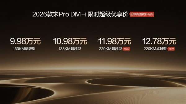 220km 纯电续航接近翻倍!比亚迪2026款宋Pro DM-i长续航上市:11.98万起
