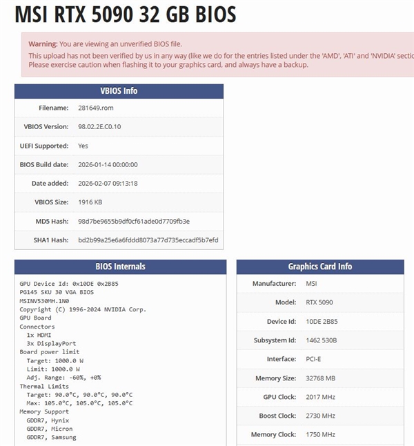 唯一1000W显卡BIOS！微星RTX 5090闪电BIOS流出：非微星卡也能用