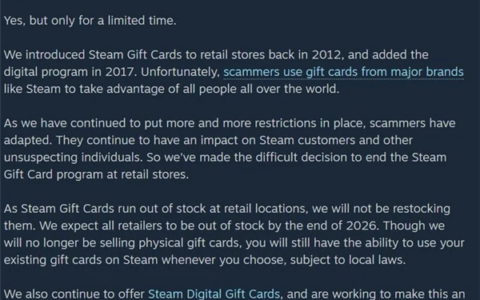 Steam官方宣布终止线下实体礼品卡业务：诈骗问题成主因