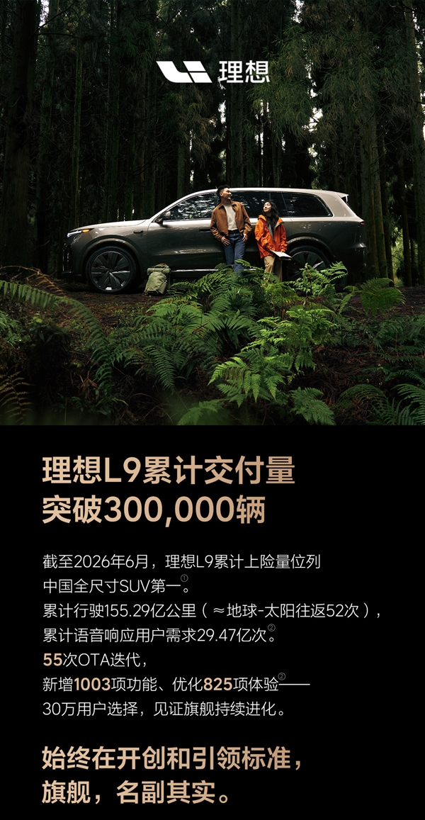 理想L9累计交付突破30万辆，国产全尺寸新能源SUV“慈父”