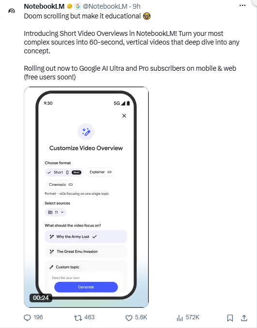 谷歌NotebookLM上线短视频，一键理解复杂笔记