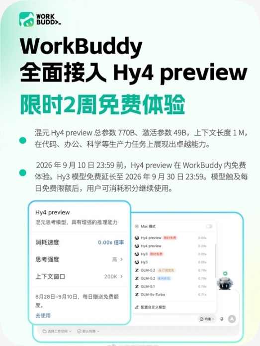 腾讯WorkBuddy接入Hy4preview，国内外同步，两周免费试用开启