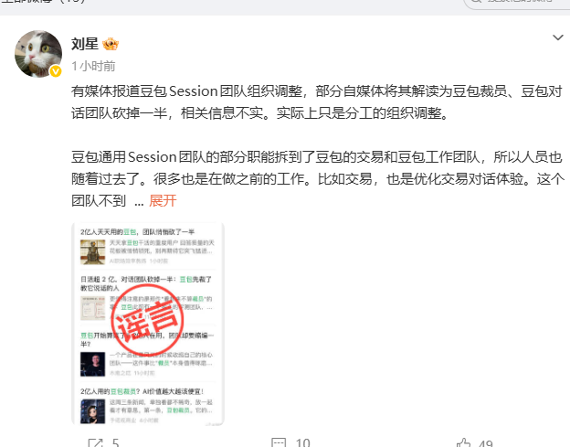 豆包辟谣：AI团队重组致裁半数传闻不实