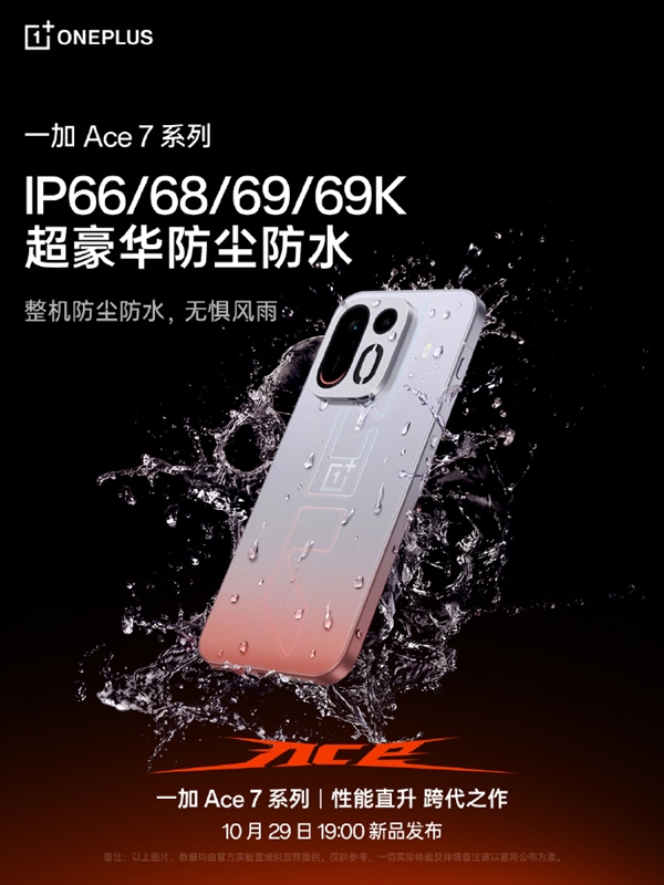 一加Ace 7系列全系支持IP66/68/69/69K防水